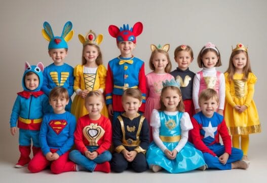 Farverige og kreative fastelavnskostumer til børn, præsenteret i et livligt børneværelse.